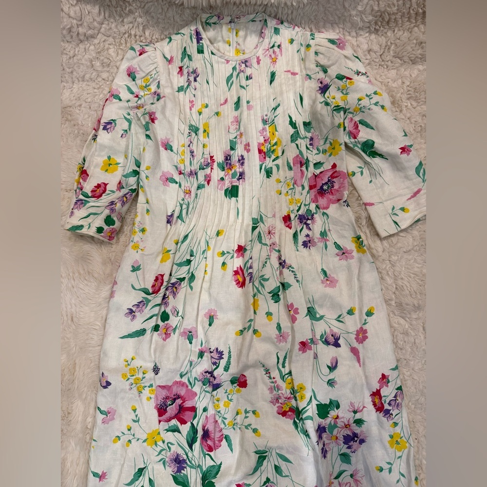 White Floral Vintage Long Sleeve Dress with Pink & Yellow Blooms - Picture 3 of 6